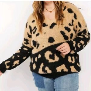 CY Fashion Block Leopard Sweater Woman 3X V-Neck Fall Southwestern Fairy Grunge